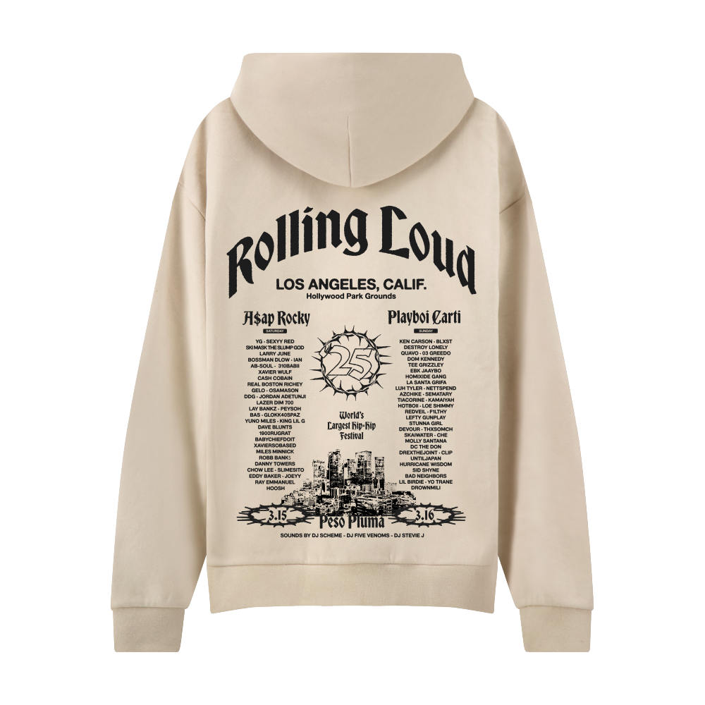 RL LA 25 Ivory Lineup Hoodie Rolling Loud