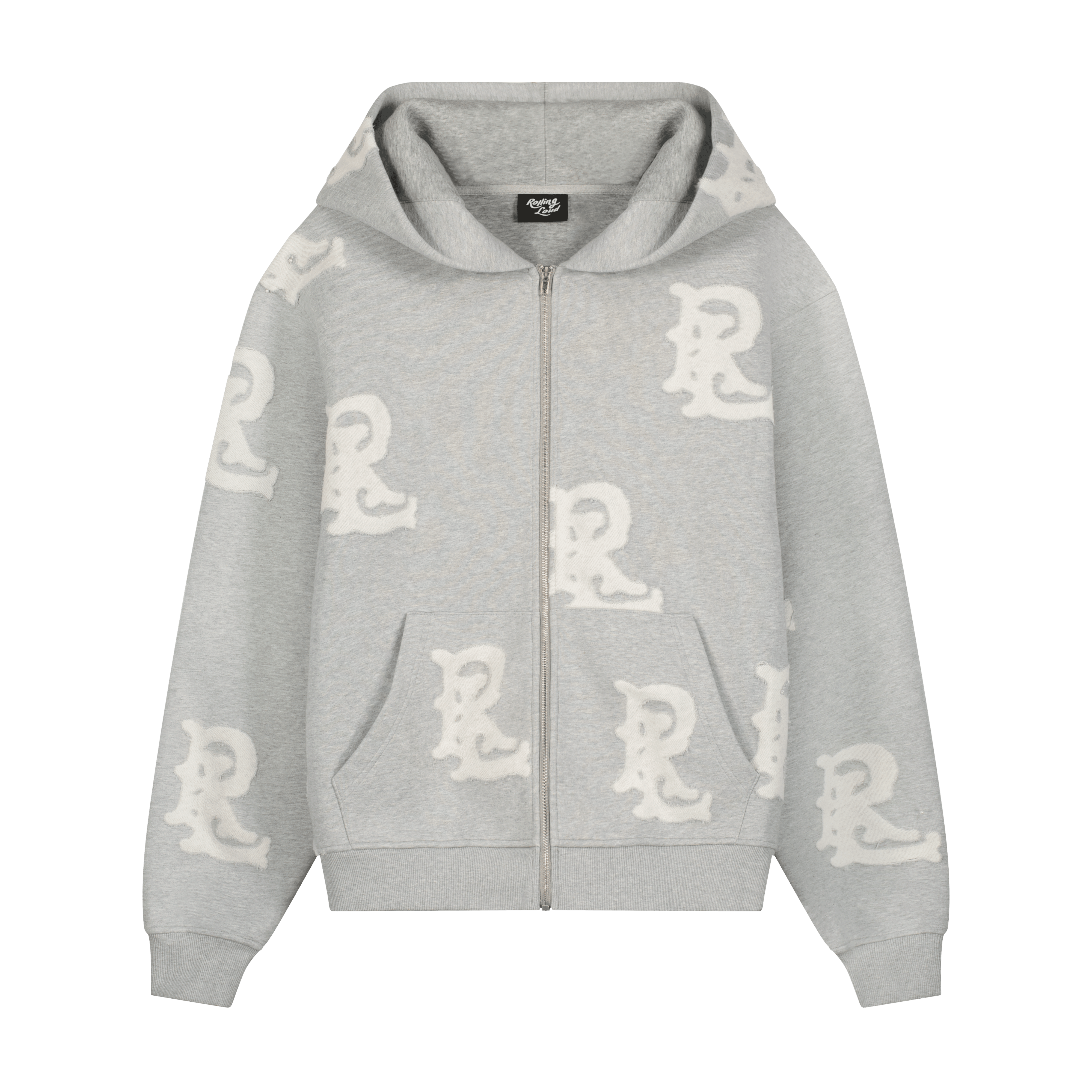 RL BURNOUT LOGO GREY ZIP UP HOODIE | Rolling Loud