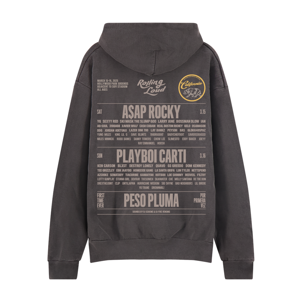 RL LA 25 Admat Pigment Black Lineup Hoodie | Rolling Loud RL LA 25 Admat Pigment Black Lineup Hoodie | Rolling Loud