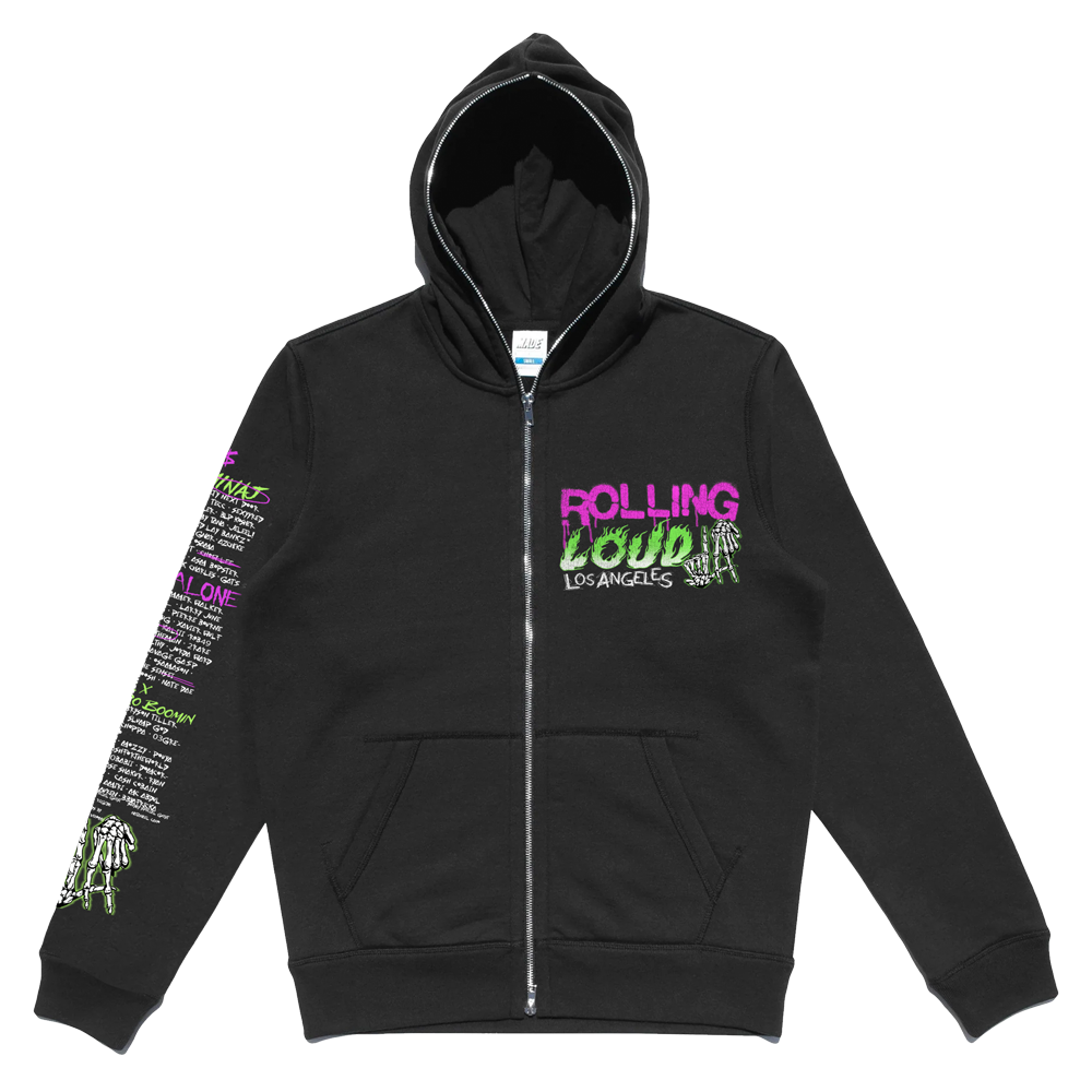 RL LA 24 City of Sinners Full Zip Black Lineup Hoodie | Rolling Loud RL LA 24 City of Sinners Full Zip Black Lineup Hoodie | Rolling Loud