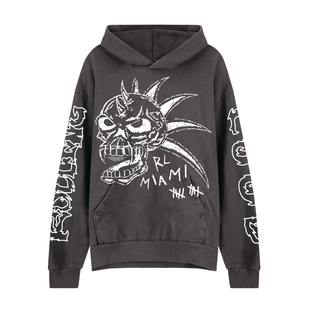 RL X FTWS Miami 24 Skull Vintage Black Lineup Hoodie | Rolling Loud RL X FTWS Miami 24 Skull Vintage Black Lineup Hoodie | Rolling Loud