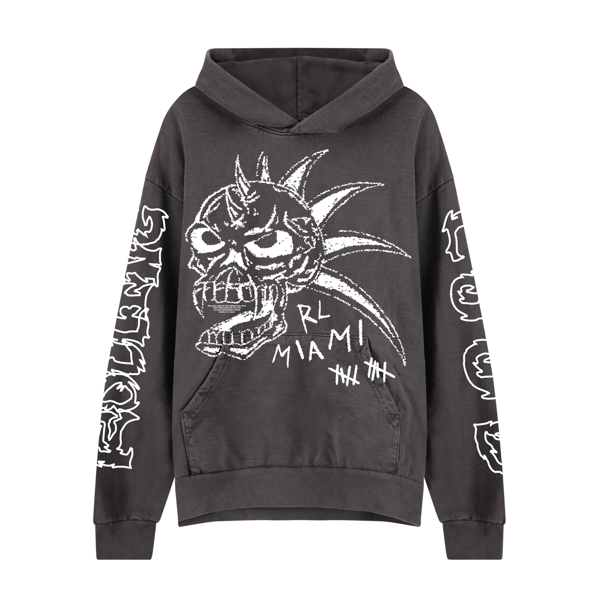 RL X FTWS Miami 24 Skull Vintage Black Lineup Hoodie | Rolling Loud RL X FTWS Miami 24 Skull Vintage Black Lineup Hoodie | Rolling Loud