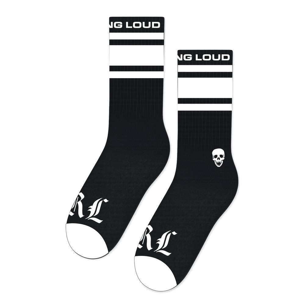 OE Black White Stripe Skull Crew Sock