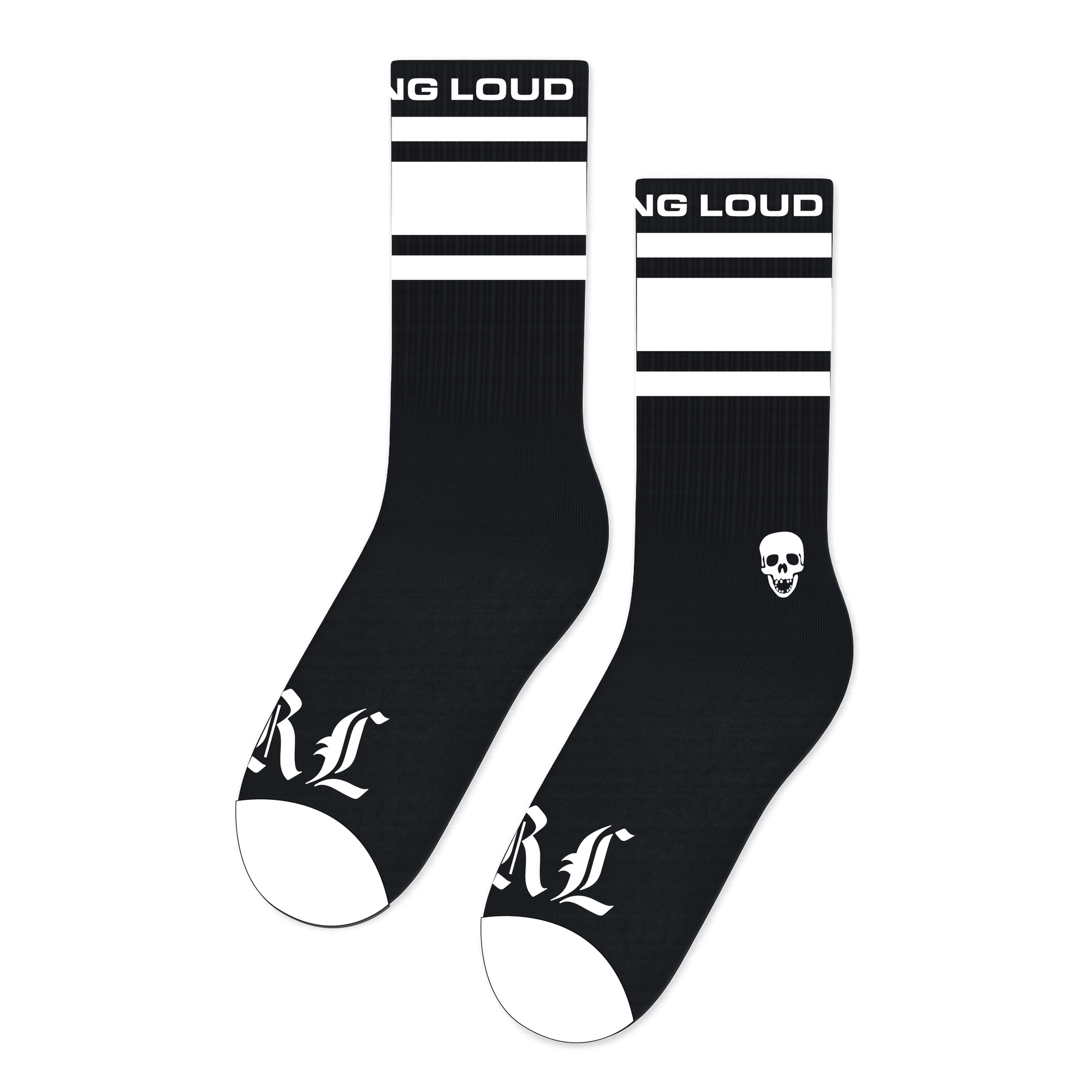 OE Black White Stripe Skull Crew Sock