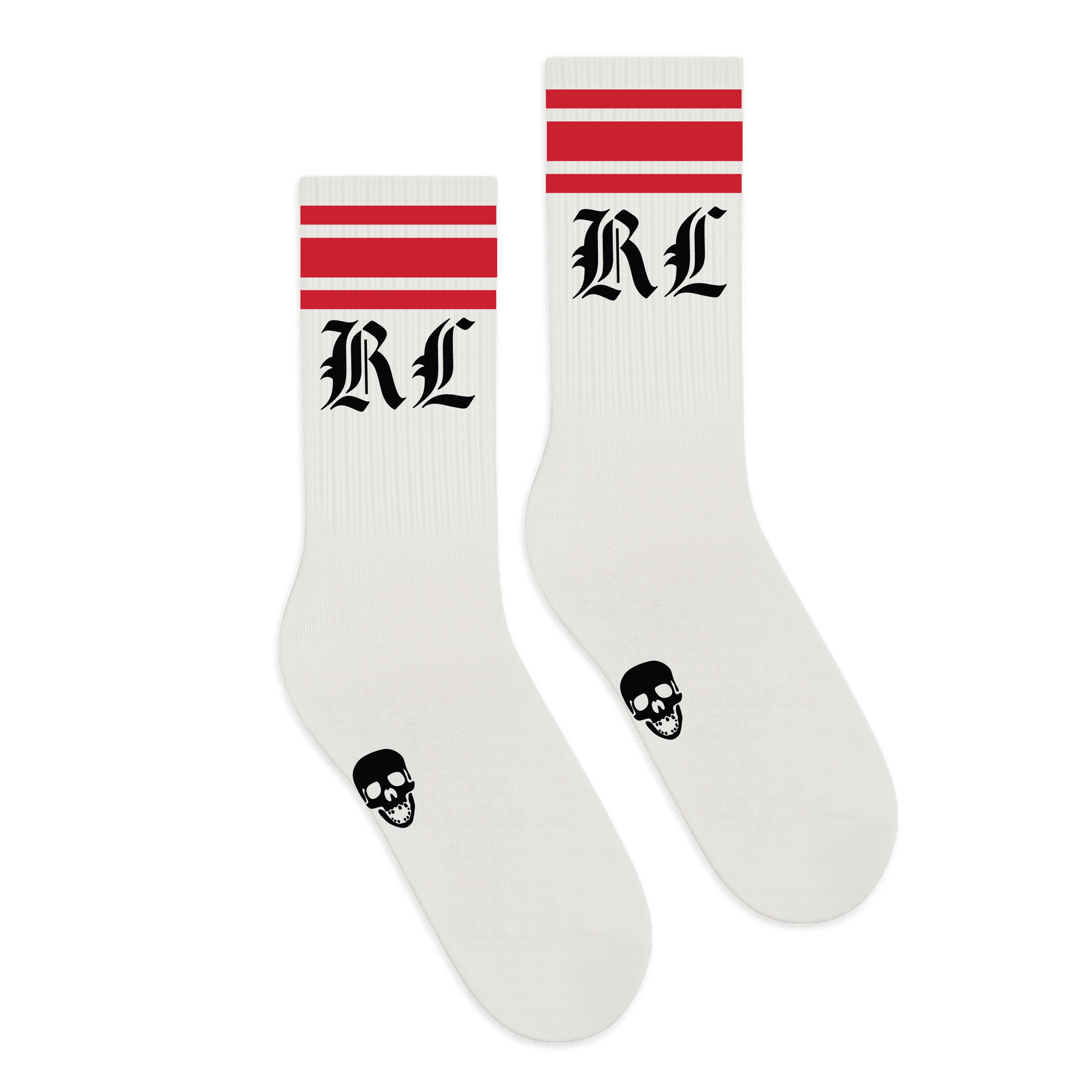 OE White Red Stripe Skull Crew Sock