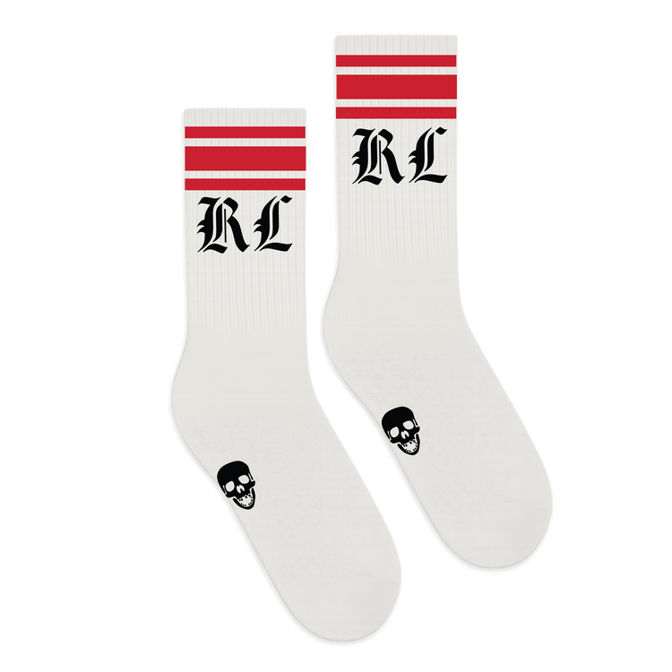 OE White Red Stripe Skull Crew Sock