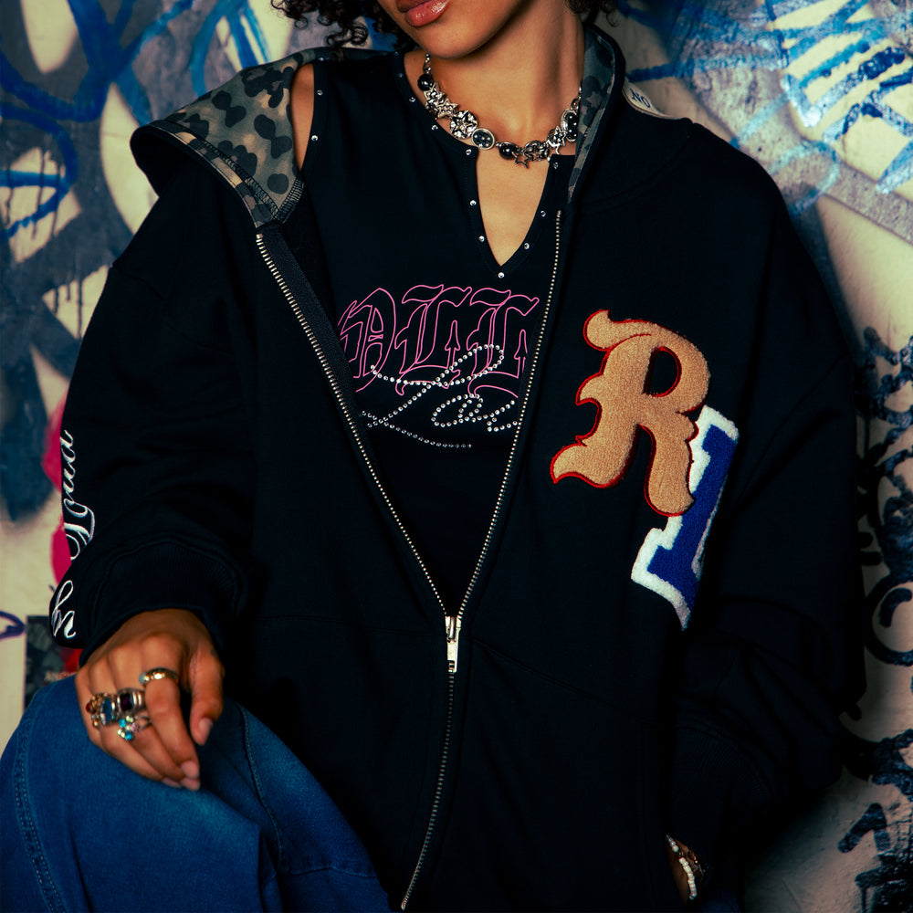 RF Loud Chenille Washed Black Zip Hoodie