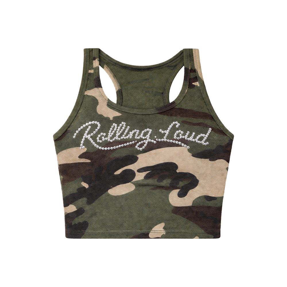 SCRIPT LOGO BLING CAMO CROP TANK