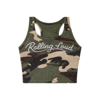SCRIPT LOGO BLING CAMO CROP TANK