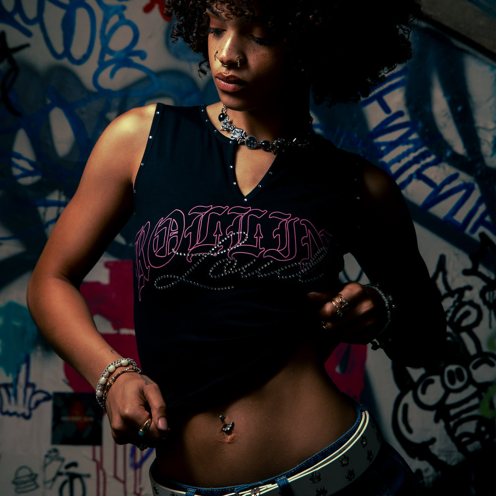 Studded Logo Black Crop Tank