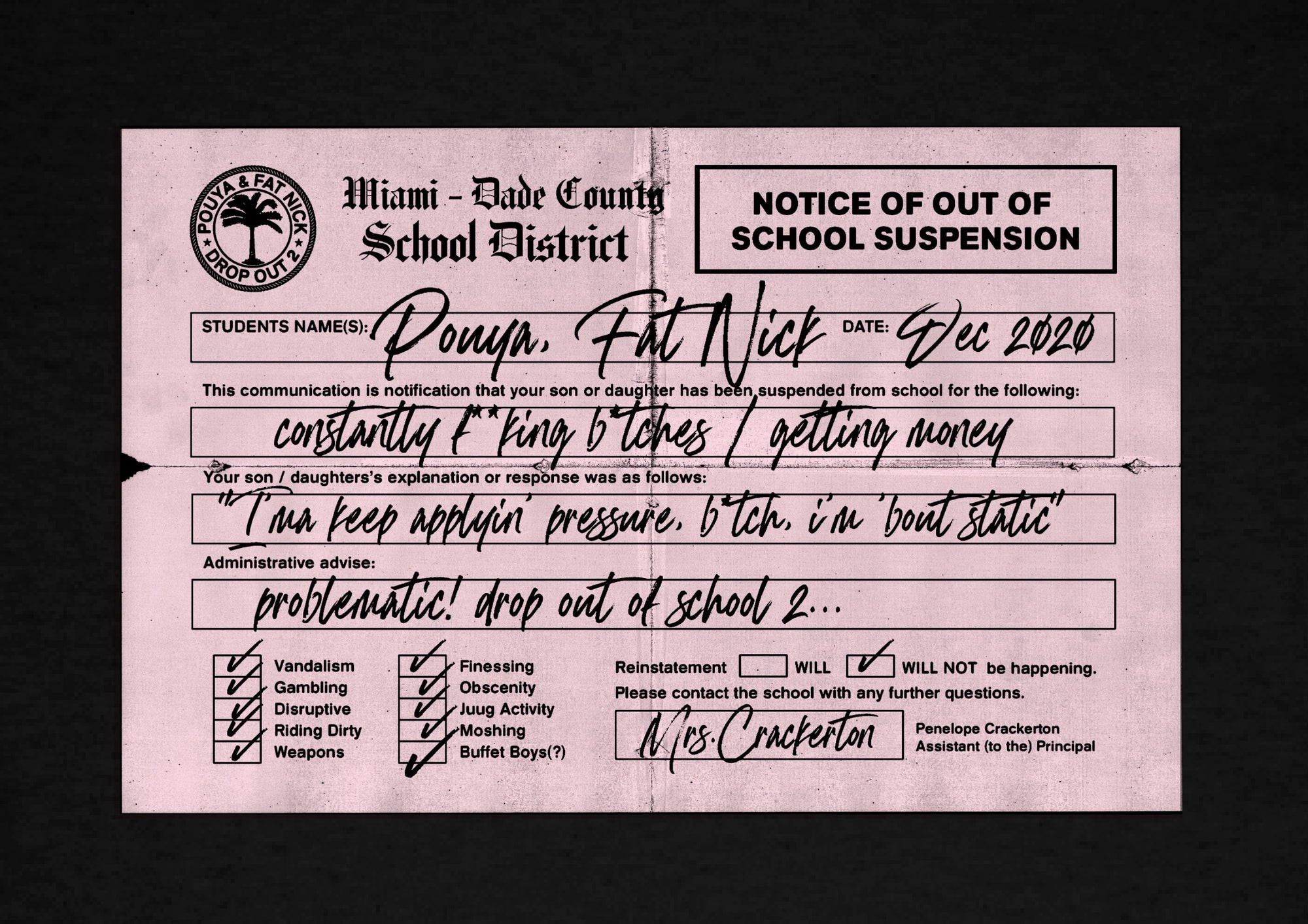 Pouya x Fat Nick x RL Official Drop Out Of School 2 Tee